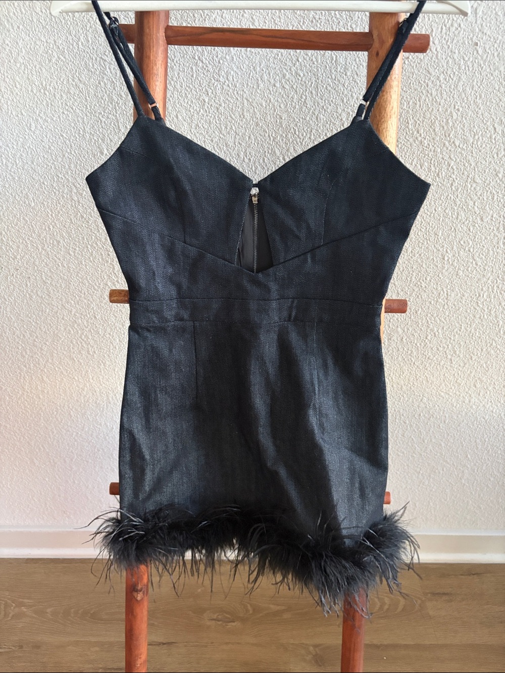 Linen and Dot Black Feather-Hem Spaghetti Strap Mini Dress